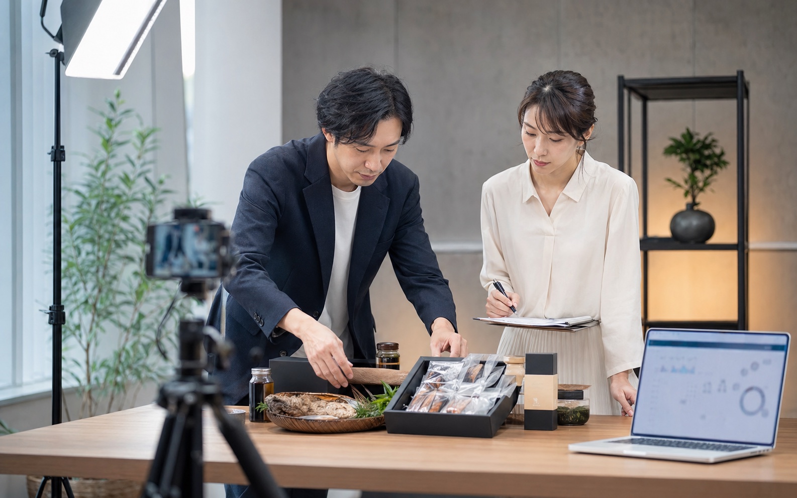 食品商品のライブコマース準備風景