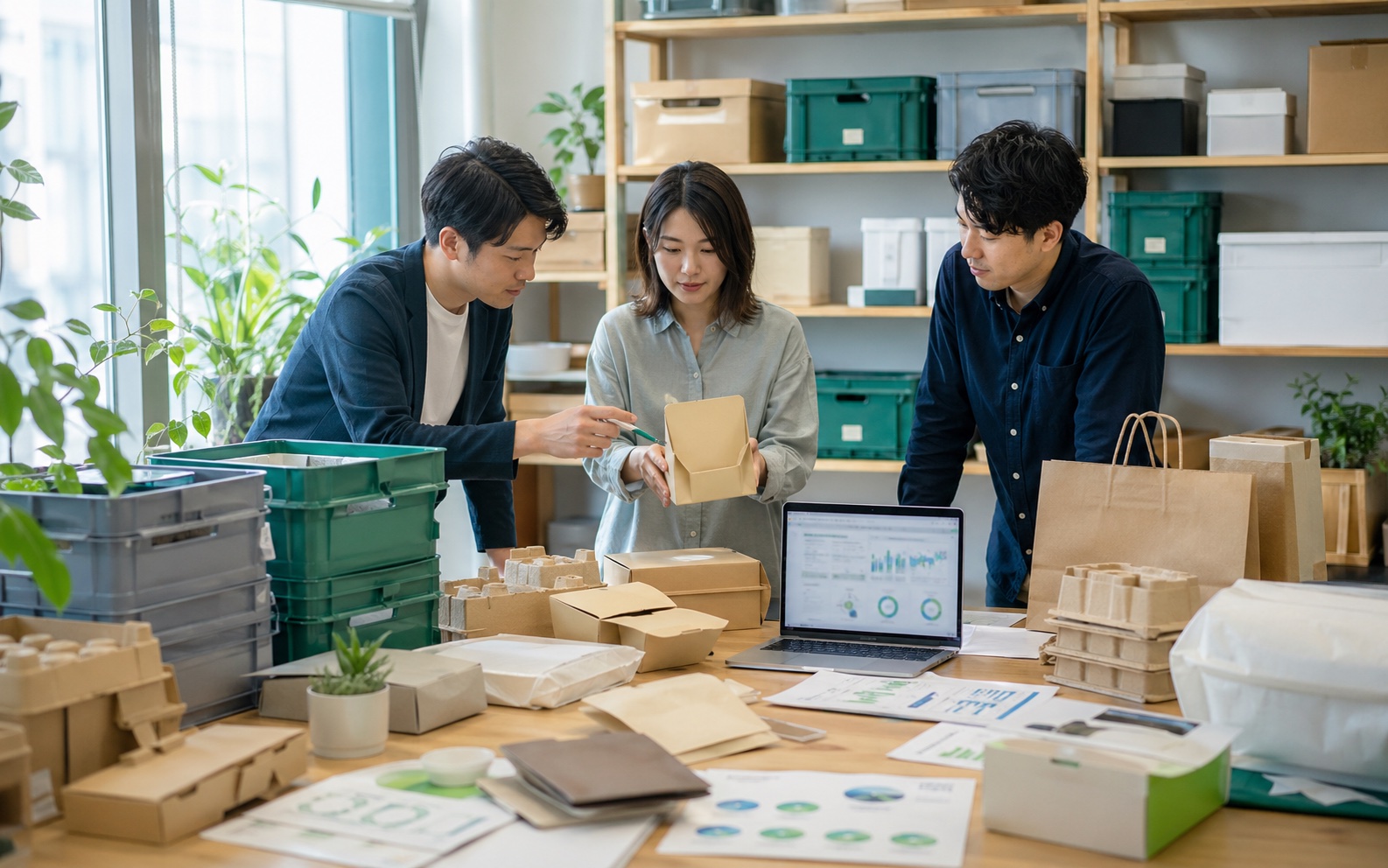 環境配慮型の梱包資材と物流計画を検討するチーム